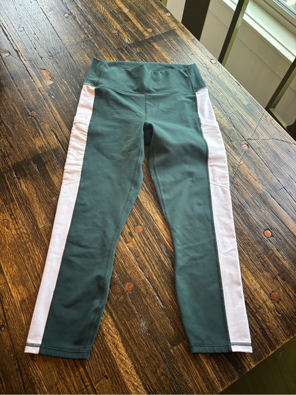 Fabletics Forest Green Leggings with White Side Panels